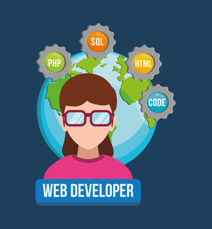 woman girl glasses planet developer web responsive development website programming icon set. Colorful design. Vector illustrationのイラスト素材