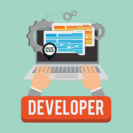 laptop gear developer web responsive development website programming icon set. Colorful design. Vector illustrationのイラスト素材