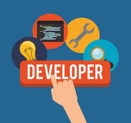 bulb wrench lupe developer web responsive development website programming icon set. Colorful design. Vector illustrationのイラスト素材