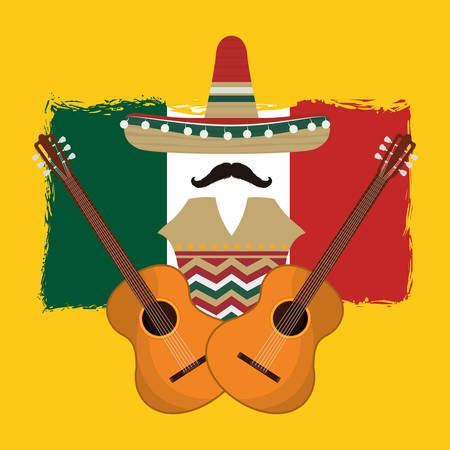 Hat mustache and guitar. Mexico landmark and mexican culture theme. Colorful design. Vector illustrationのイラスト素材