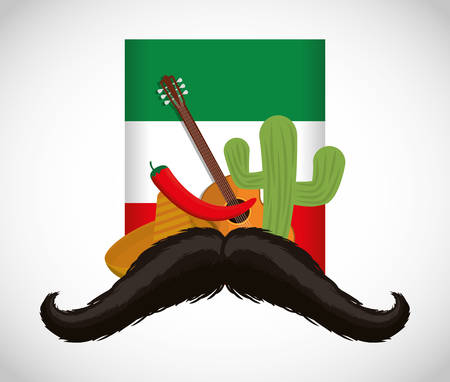 Guitar pepper mustache hat and cactus. Mexico landmark and mexican culture theme. Colorful design. Vector illustrationのイラスト素材