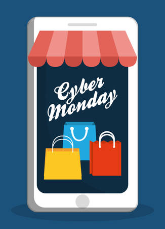 Shopping bag and smartphone icon. Cyber Monday ecommerce and market theme. Colorful design. Vector illustrationのイラスト素材