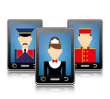 Smartphone maid bellboy and hotel apps icon set. Service technology media and digital theme. Colorful design. Vector illustrationのイラスト素材
