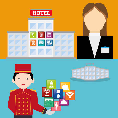 receptionist bellboy and hotel apps icon set. Service technology media and digital theme. Colorful design. Vector illustrationのイラスト素材