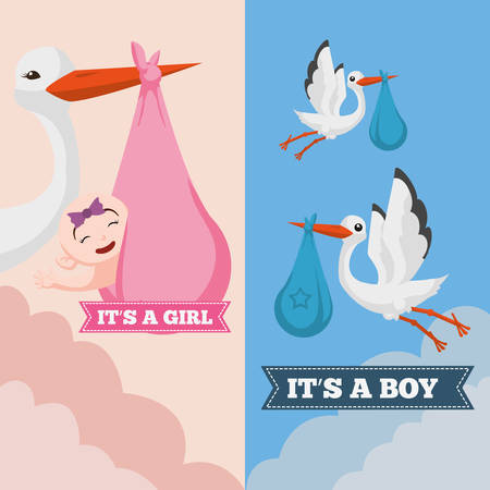 Stork and girl cartoon icon. Baby shower invitation card. Colorful design. Vector illustrationのイラスト素材