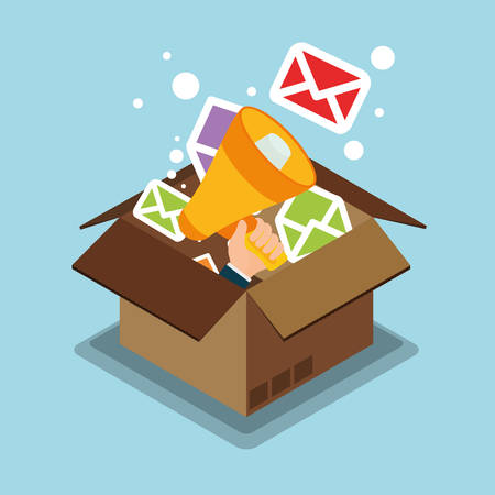 Carton box megaphone and envelope icon. Email marketing message communication and media theme. Colorful design. Vector illustrationのイラスト素材