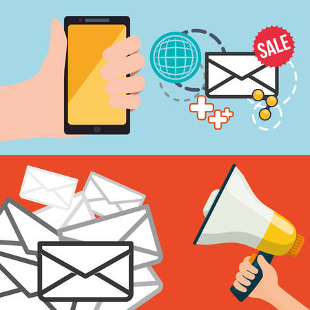 Smartphone megaphone and envelope icon. Email marketing message communication and media theme. Colorful design. Vector illustrationのイラスト素材