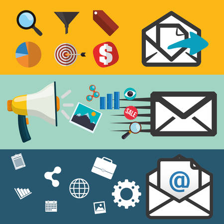 envelope megaphone lupe target gear picture and share icon. Email marketing message communication and media theme. Colorful design. Vector illustrationのイラスト素材