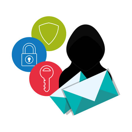 hacker envelope and icon set. Cyber security system and media theme. Colorful design. Vector illustrationのイラスト素材