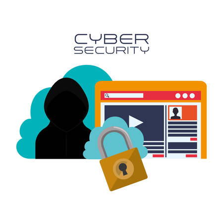 Cloud hacker and padlock Cyber security system and media theme. Colorful design. Vector illustrationのイラスト素材