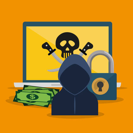 Hacker padlock bills and laptop icon. Cyber security system and media theme. Colorful design. Vector illustrationのイラスト素材