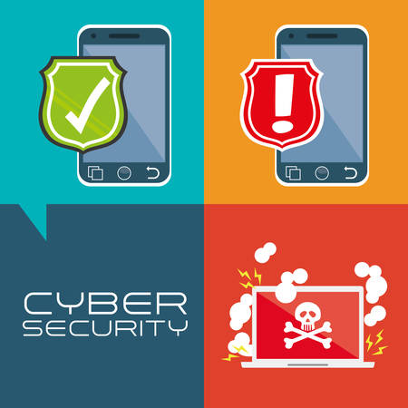 Smartphone laptop and shield. Cyber security system and media theme. Colorful design. Vector illustrationのイラスト素材