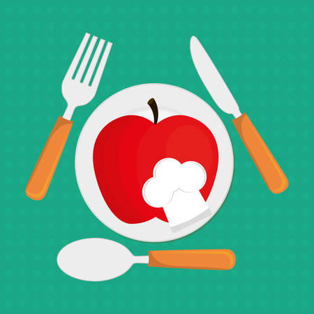 Apple with chefs hat and cutlery icon. Fruits healthy and organic food theme. Colorful design. Vector illustrationのイラスト素材