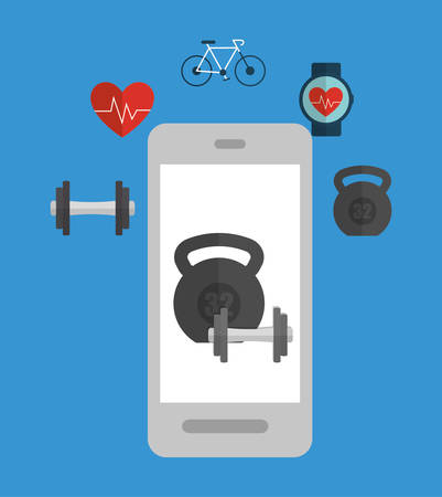 Smartphone and icon set. Fitness gym and bodybuilding theme. Colorful design. Vector illustrationのイラスト素材