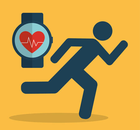 Heart with pulse inside clock and pictogram icon. Fitness gym and bodybuilding theme. Colorful design. Vector illustrationのイラスト素材