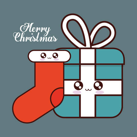 Kawaii boot and gift icon. Christmas season decoration and celebration theme. Colorful design. Vector illustrationのイラスト素材