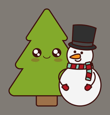 Kawaii pine tree and snowman icon. Christmas season decoration and celebration theme. Colorful design. Vector illustrationのイラスト素材