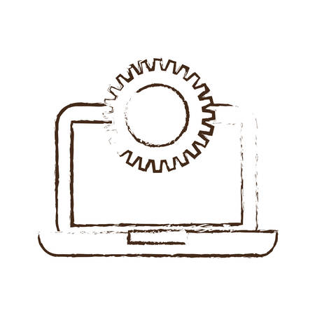 sketch draw laptop technology gears colaboration work vector illustration eps 10のイラスト素材