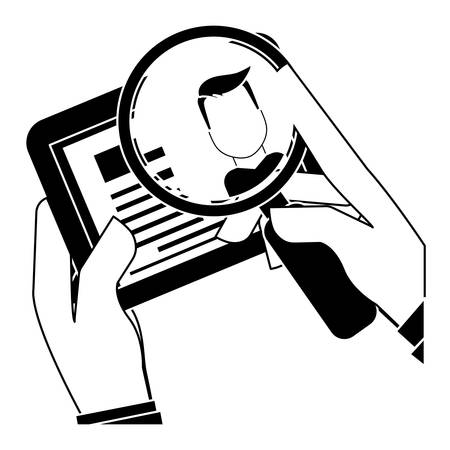 hand holding a tablet with curriculum vitae profile on screen over white background. human resources design. vector illustrationのイラスト素材