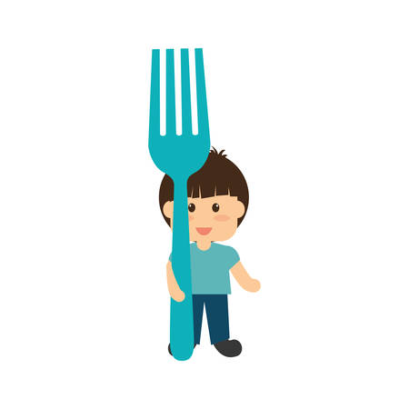 cute boy holding a fork over white background. colorful design. vector illustrationのイラスト素材