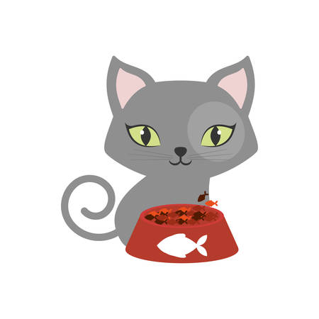 gray small cat green eyes plate food fish print vector illustration eps 10のイラスト素材
