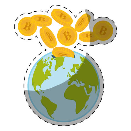 earth planet with bitcoin coins over white background. colorful design. vector illustrationのイラスト素材