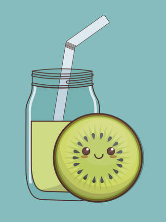 kawaii kiwi fruit and glass of juice over background. colorful design. vector illustrationのイラスト素材