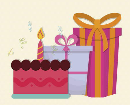 cake and gift boxes. happy birthday concept. colorful design. vector illustrationのイラスト素材
