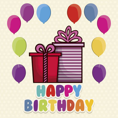 happy birthday card with gift box and balloons. colorful design. vector illustrationのイラスト素材