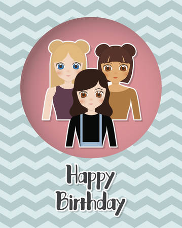 Happy birthday card with anime girls icon. colorful design. vector illustrationのイラスト素材