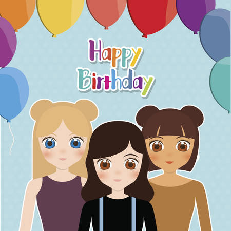happy birthday card with anime girls and balloons. colorful design. vector illustrationのイラスト素材