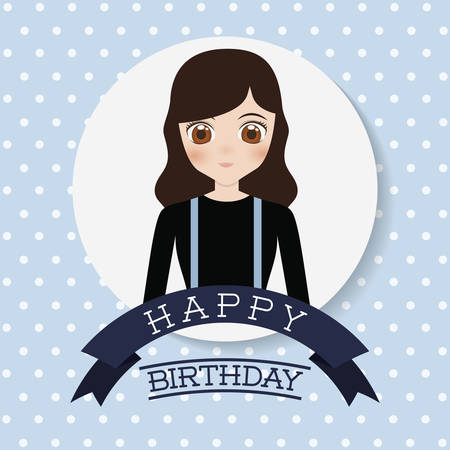 happy birthday card with anime girl icon. colorful design. vector illustrationのイラスト素材