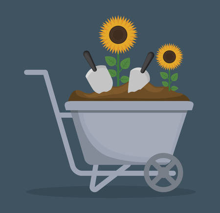 Wheelbarrow with flowers and shovels over blue background. colorful design. vector illustrationのイラスト素材