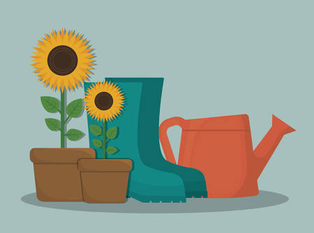 boots, watercan and beautiful flowers in a pot over blue background. colorful design. vector illustrationのイラスト素材