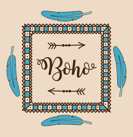 decorative frame with feathers around. colorful design. boho style concept. vector illustrationのイラスト素材