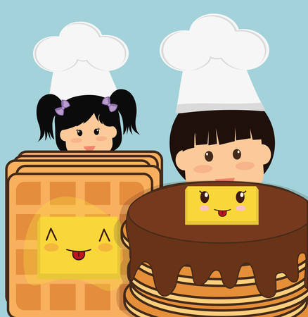 Chef boy and girl pancake bread butter vector illustrationのイラスト素材