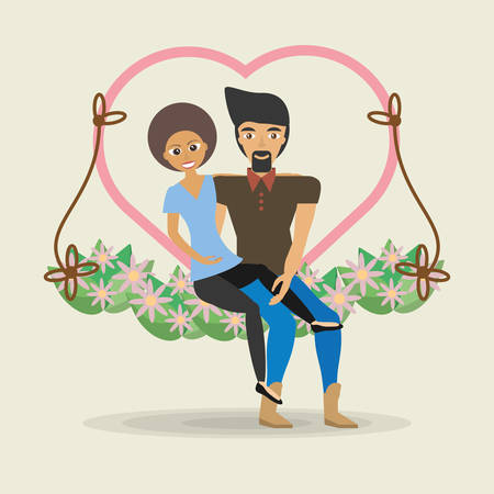 Couple sitting cute swing heart flower decoration vector illustrationのイラスト素材