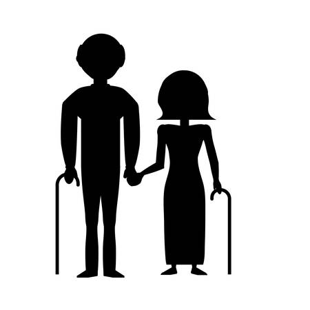 silhouette couple grandparents with caneのイラスト素材