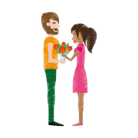 drawing couple romantic bouquet flowers vector illustration eps 10のイラスト素材