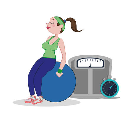fitness woman fitball weight scale and stopwatch vector illustration eps 10のイラスト素材