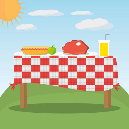 picnic table red checkered food landscape vector illustration eps 10のイラスト素材