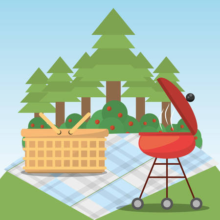 picnic grill basket blanket forest tree vector illustration eps 10のイラスト素材