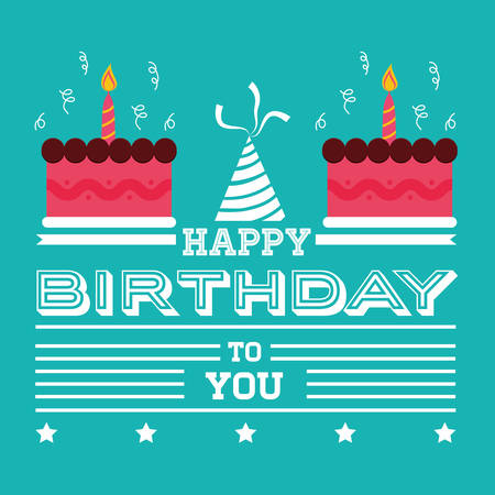 happy birthday card invitation cakes hat green background vector illustration eps 10のイラスト素材