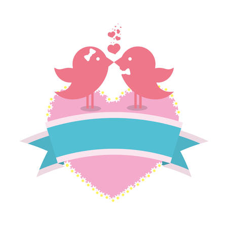 bird couple married card with heart and ribbon decorationのイラスト素材