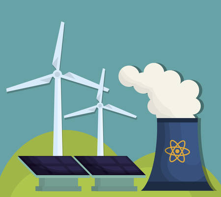 Nuclear plant, solar panels and eolic wind turbines over blue background.のイラスト素材