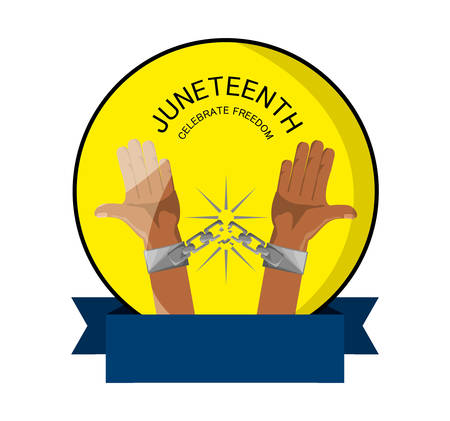 emblem of hands with chain and ribbon to celebrate freedom, vector illustrationのイラスト素材