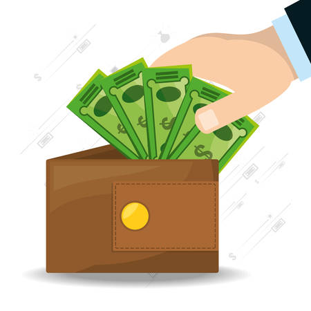 hands depositing a lot of bills in the wallet, vector illustrationのイラスト素材