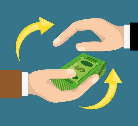 hands holding package bills over blue background, vector illustrationのイラスト素材