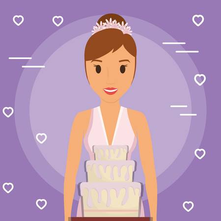 beautiful bride with wedding cake, cartoon icon over purple background. colorful design. vector illustrationのイラスト素材