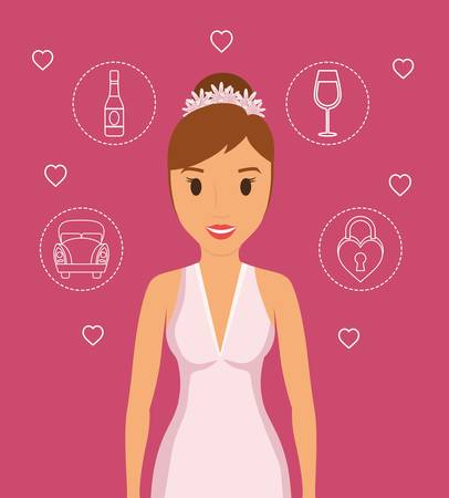 beautiful bride with wedding related icons over pink background. colorful design. vector illustrationのイラスト素材